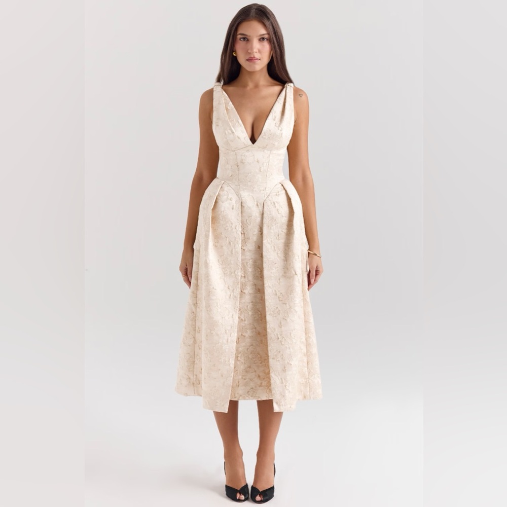 House of CB Ivory Metallic Jacquard Midi Dress